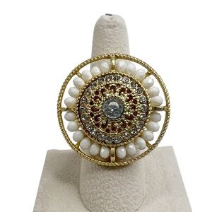 Large Round Medallion Acrylic Rhinestone Beaded Stretch Adjustable Ring